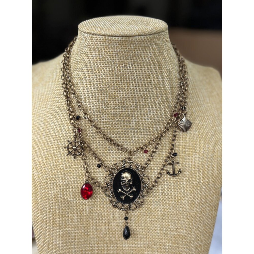 Pirate-Inspired Multi-Layer Chain Necklace With Skull & Crossbones Pendant Ancho